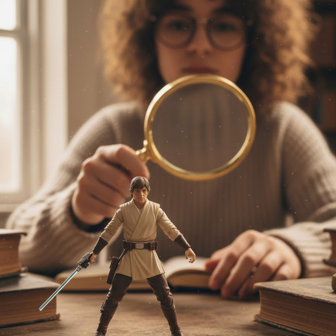 Luke Skywalker action figure in sharp focus in the foreground being inspected by a person holding a magnifying glass, with bluish lighting, conveying depth.