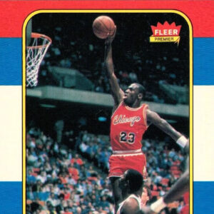 Michael Jordan 1986 Fleer Premier basketball card mid-air dunk.