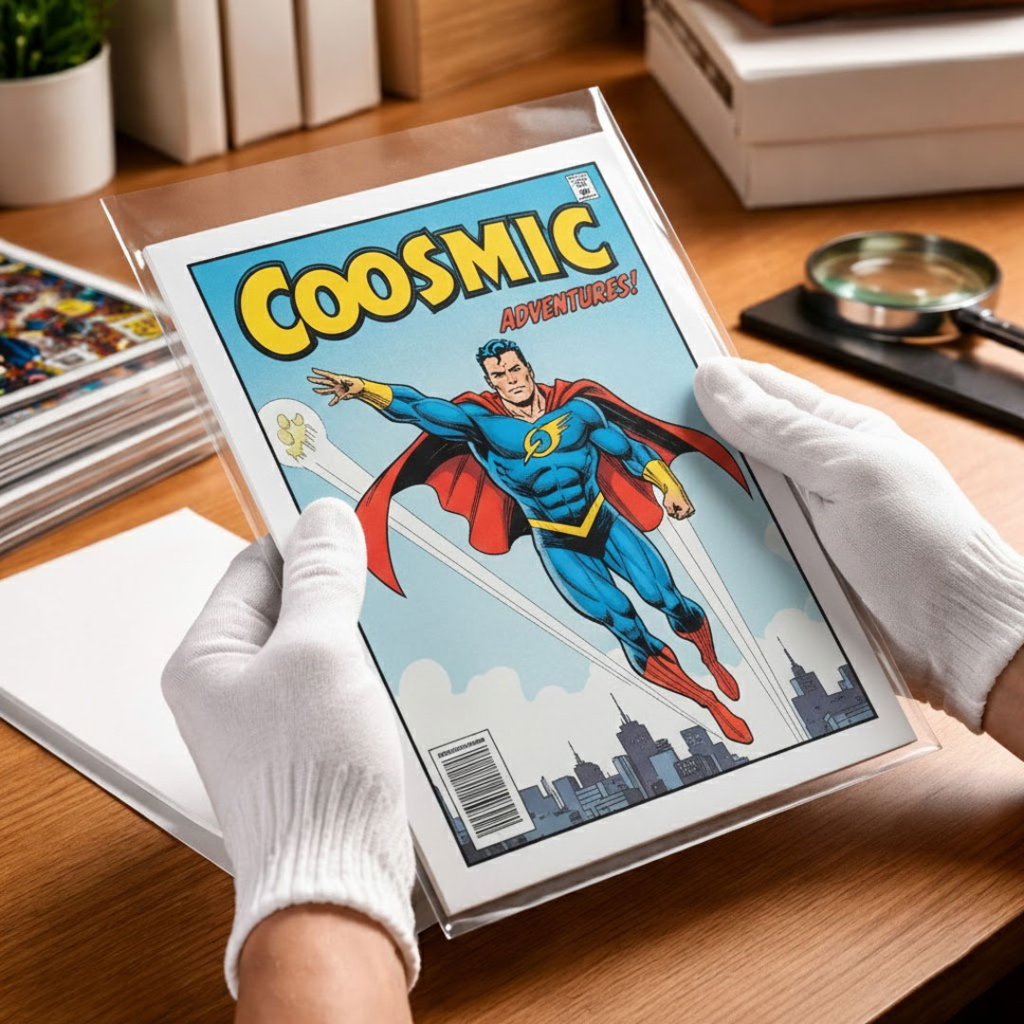 White-gloved hands hold a sleeved comic book titled "COOSMIC ADVENTURES!" featuring a caped superhero flying over a city.